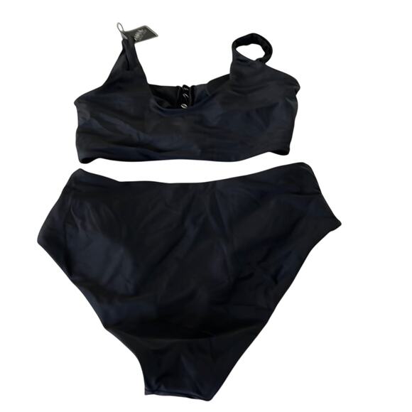 Zaful Black 2 Piece High Waist Swimsuit Bikini NWT Woman Size Medium Snap Front - Picture 2 of 11